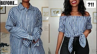 DIY Off The Shoulder Top  Mens Shirt Refashion [upl. by Lambrecht490]