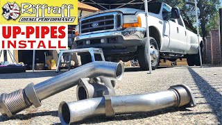 2001 F350 73  RiffRaff UpPipes Install  Stock up pipes leaking and falling apart JUNK SP [upl. by Llacam988]