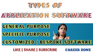 TYPES OF APPLICATION SOFTWARE  General Purpose  Specific Purpose  Customized  Bespoke Software [upl. by Kerin]