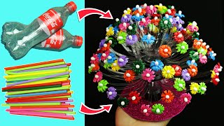 DIY recycle plastic bottles flower vase easy  straw flower vase crafts [upl. by Lawford]