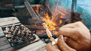 Whittling a Chess Set Fireside on a Rainy Day ASMR natural sounds  Bushcraft Build [upl. by Sillyrama]